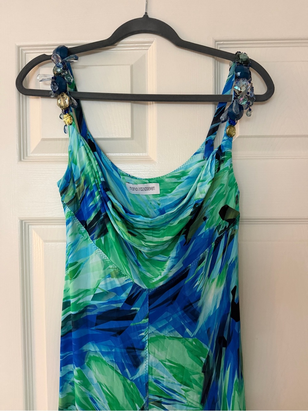 Maria Grazia Severi Maxi Dress with Blue-Green Abstract Print